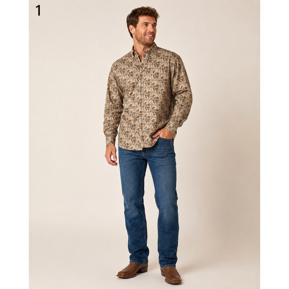 Vintage Woolrich Button Front Shirt Mens XL Brown 100% Cotton Bison Deer Hunting